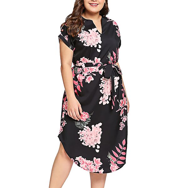 

Â¡novedad de 2019 vestido a la moda con estampado de cinturÃ³n y mangas cortas y cuello en v de talla grande para mujer, Black;gray