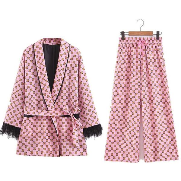 

2019 autumn jacket printing feather kimono coat loose belt coat ladies wide leg pants pajamas pink two piece set women summer, Black;brown