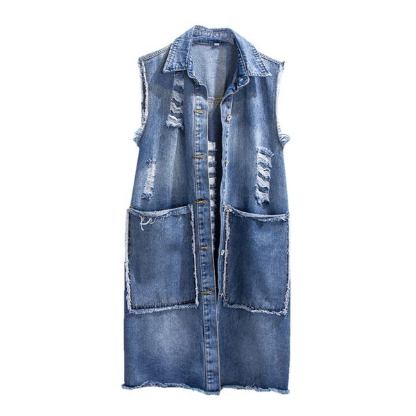

denim vests women spring autumn slim single breasted hole sleeveless jacket 2019 wild medium long female denim waistcoat jia238, Black;white