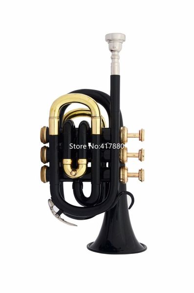 Neuankömmling Taschentrompete Bb Tune 3 Ventile Pro SCHWARZ Lackierte Goldschlüssel-Musikinstrumente mit Mundstücketui Kostenloser Versand