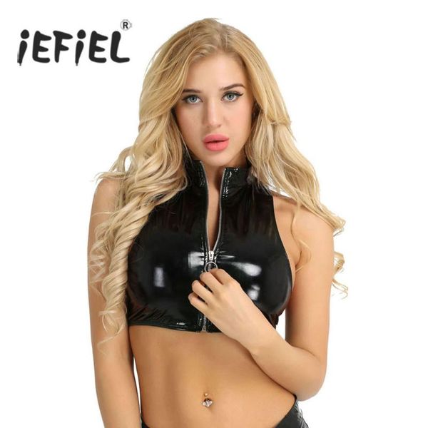 

women fashion wetlook patent leather sleeveless stand collar zipper vest punk crop clubwear performance costumes tank, White
