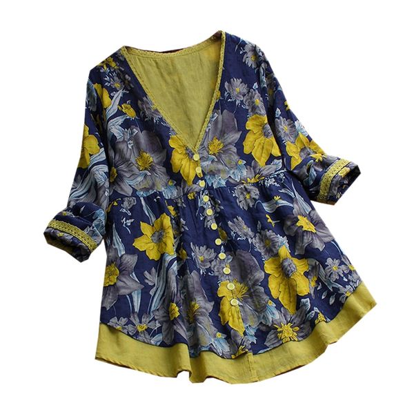 

spring autumn women long sleeve v neck yellow blouse boho floral printed cardigan loose shirt patchwork button-up female, Black;white