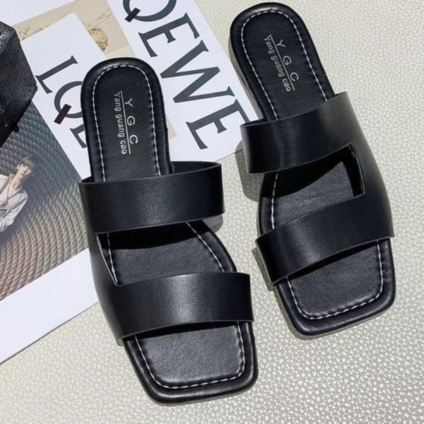 

open toe retro leather slippers women summer luxury beach casual shoes female outdoor bohemia style slipper, Black