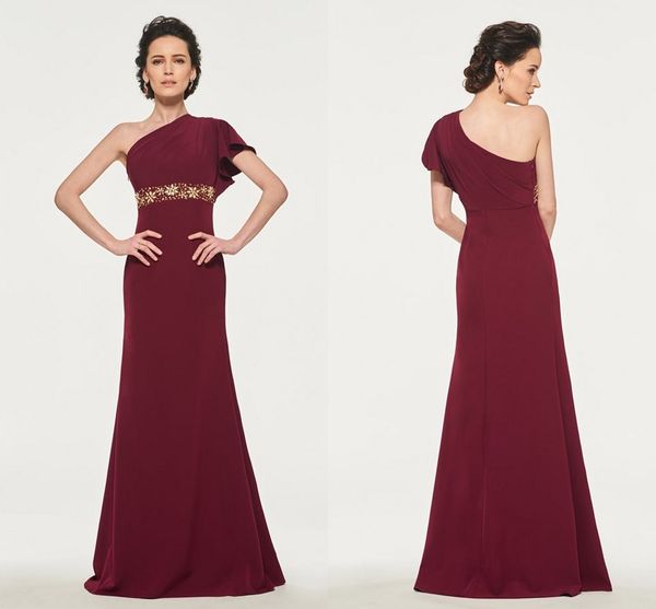 

2019 burgundy one shoulder mother of the bride groom dresses with gold sequin crystal chiffon sheath long evening formal dress, Black;red