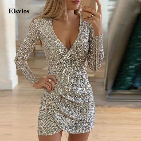 

elsvios deep v neck sequin dress elegant women sliver glitter bodycon party dress autumn long sleeve nightclub mini dresses, Black;gray