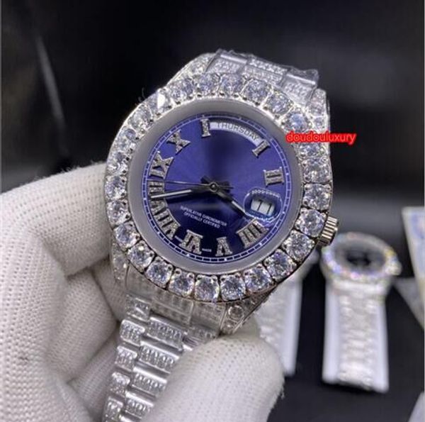 

blue face silver diamond watch classic men's business automatic watch silver diamond stainless steel strap boutique watch, Slivery;brown