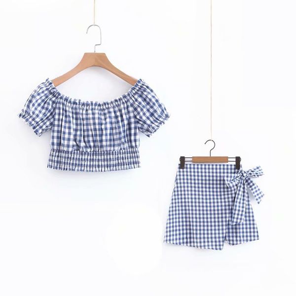 

fashion women printed short sleeve bandage slash neck t shirt + plaid skirt set summer style suit set women outfits, White