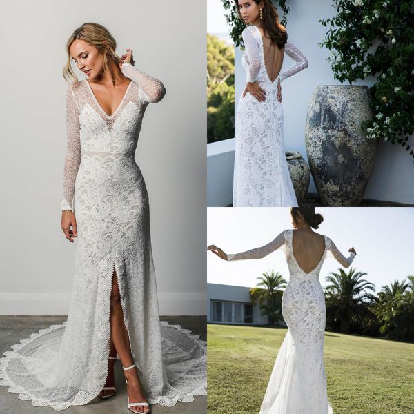 

2019 mermaid wedding dresses v neck lace appliqued long sleeve country wedding dress custom made boho vestido de novia, White