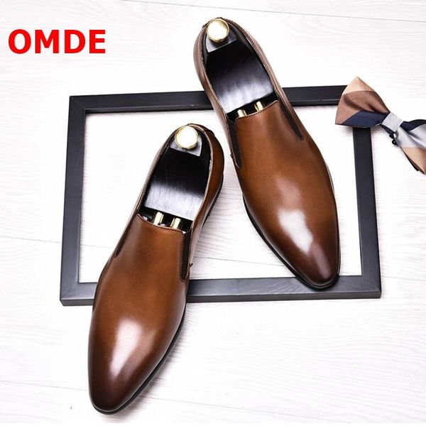 

omde simple style genuine leather mens shoes casual flats fashion pointed toe mens loafers slip on men's party and wedding shoes t20011, Black