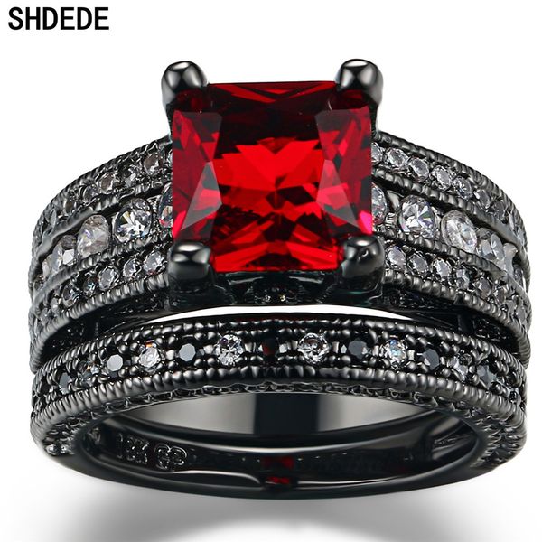 

shdede red cubic zirconia finger rings for women black classic bohemian female party fashion jewelry anniversary gift +lyr628, Golden;silver