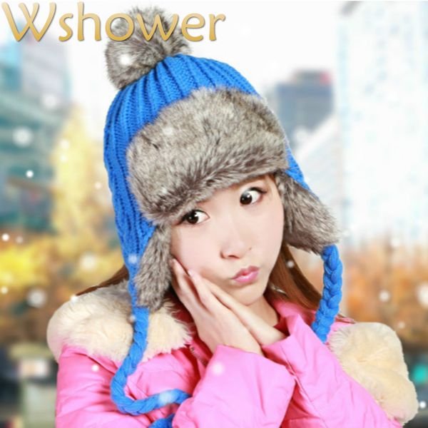 

winter warm earflap beanie hat wool fleece trooper trapper pilot snowboard faux fur solid ball knitted bomber hat cap for women, Blue;gray