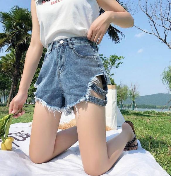 

new womens designer jeans denim shorts side 2020 loose wear hole high waist european and american style pant wide leg thin s-xl, Blue