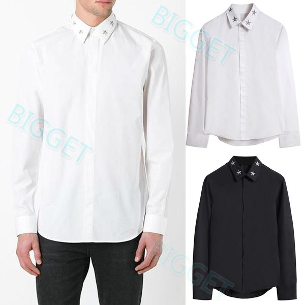 

chemise homme design shirt mens metal stars patch long sleeve pocket cotton casual wear shirt, White;black