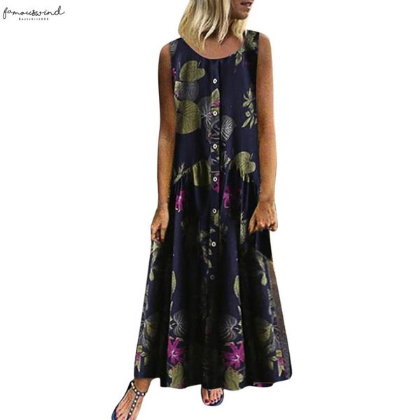 

summer vintage maxi dresses o neck sleeveless floral polyester print with buttons draped pleated long robes sundress plus size vestidos, Black;gray