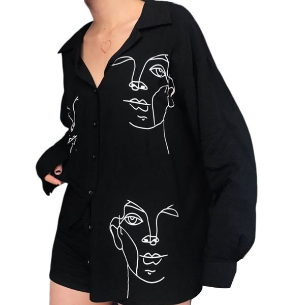 

women long sleeve funny cartoon face print blouse harajuku loose casual button down lapel collar long tunic shirt, White