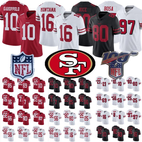 

san francisco49ers rush limited jersey jimmy garoppolo nick bosa young rice georgeÂ kittle mcglinchey bowman foster montana jersey, Black;red