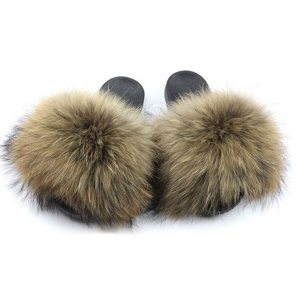 

wholesale large gross raccoon fur slide sandals fluffy natural color real oversized fox fur slippers, Black