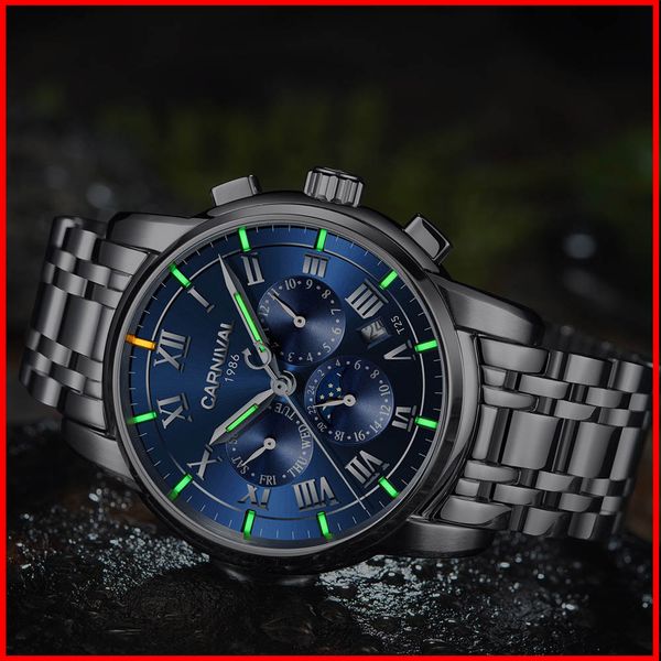 

t25 tritium gas luminous automatic self-wind men watches sapphire moon phase mechanical wristwatches relogio masculino 2017, Slivery;brown