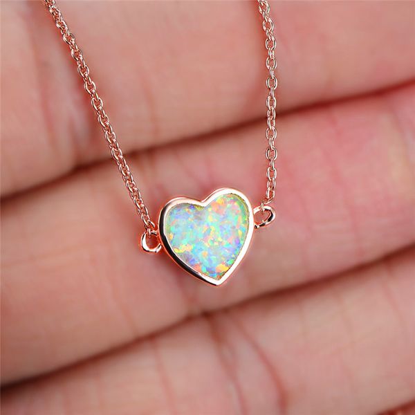 

pendant necklaces cute white fire opal love heart rose gold for women 925 silver engagement jewelry female statement necklace
