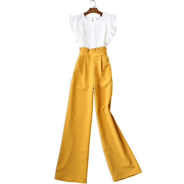 

two piece set white yellow pants high waist wide leg trousers outfit