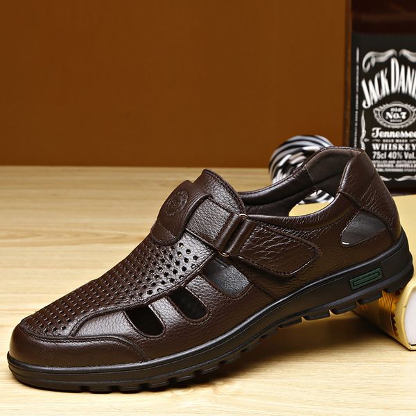 

men's sandals genuine leather summer clogs hollow breathable zipper walking sandals for men cozy brown shoes male sandles, Black