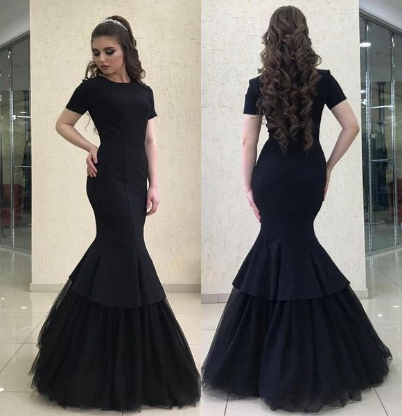 

short sleeve black satin mermaid evening dresses o-neck simple long evening gowns tulle skirt african prom dresses, Black;red