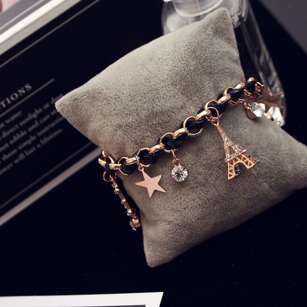 

высокое качество розовое золото Шарм браслеты с черной кожаной веревкой для женщ