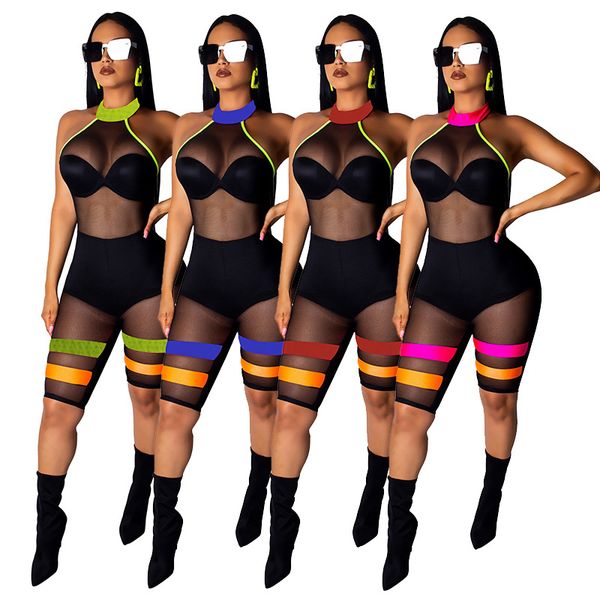 

women striped jumpsuit playsuits patchwork sheer mesh halter backless rompers knee length pants club playsuits, Black;white