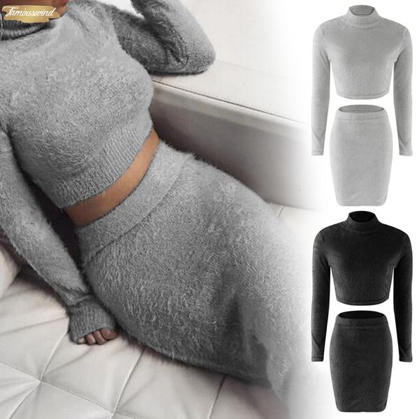 

2pcs set women bandage suit long sleeve fleece crop pencil skirt midi solid bodycon dress sweater tracksuit, White