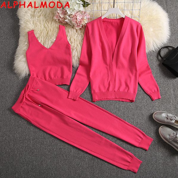 

alphalmoda 2019 winter women fashion 3pcs suit long cardigans + vest + pants solid knitting 3pcs set trendy clothes set, White