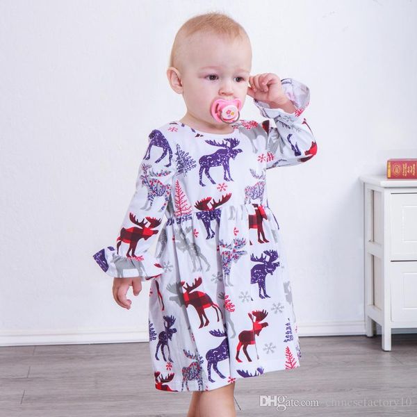 

baby girls christmas dress children elk deer printed xmas long flare sleeves dress 2018 fashion boutique kids autumn clothing, Red;yellow