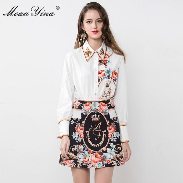 

moaayina fashion designer set spring autumn women long sleeve beaded floral-print shirt +skirt two-piece suit, White