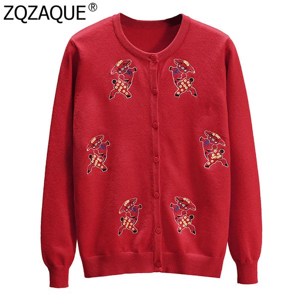 

new fashion preppy style girls spring cardigans cute pig pattern sequins decor red black knitwear women's casual knit sy1961, White;black