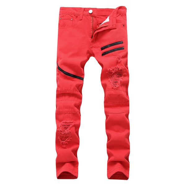 

2019 fashion high street men's jeans zipper knee knocked ragged hole male club denim fabric elastic skinny ripped trousers 7.12, Blue