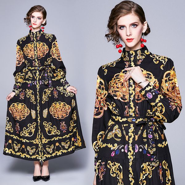 

quality baroque print black gothic dress long sleeve women spring autumn winter runway designer party prom ladies plus size shirt dresses, Black;gray