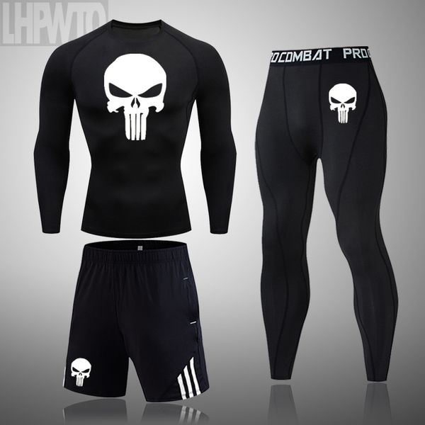 

men compression set long sleeve t-shirt men's tight pants fitness bodybuilding clothes skull punisher rashguard sport suit, Black;blue