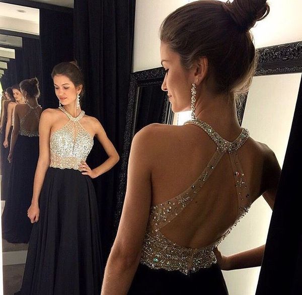 Sexy a-line Black Prom Dress Lange Halter Perlen Kleider Slim Backless Vestidos de Fiesta Formale Abendkleid Party Pageant Major Perlen Kleider