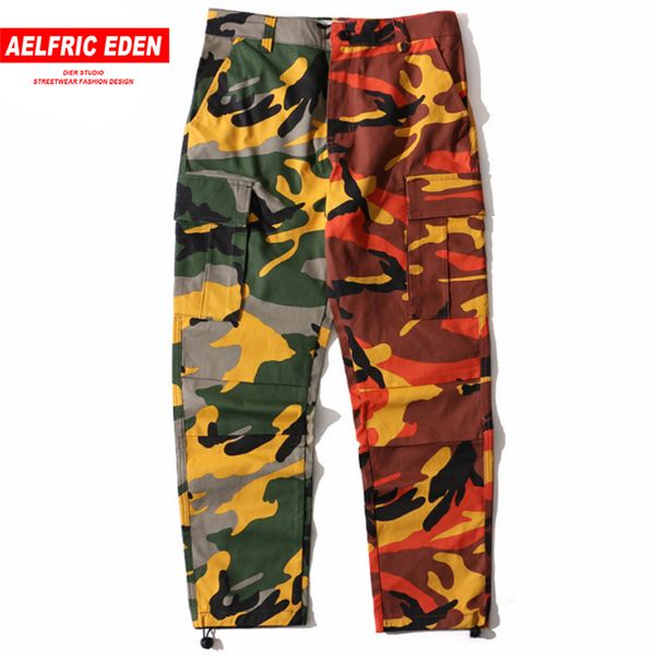 

aelfric eden two-tone camouflage men pants full length trousers hip hop cargo joggers pockets casual streetwear st05, Black