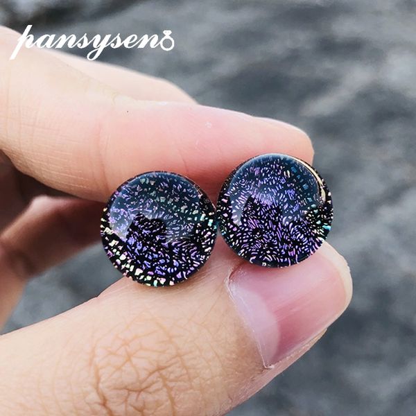

pansysen charms solid silver 925 jewelry stud earrings for women 12mm round rainbow crystal gemstone fine jewelry earrings gift, Golden;silver