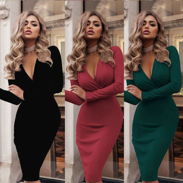 

2019 new style fashion women solid deep v neck floral lace party knee length sheath dress pencil dress, Black;gray