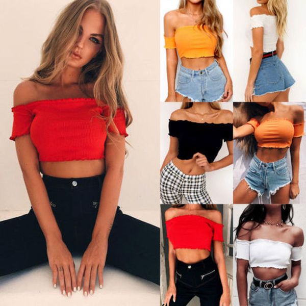 

дамы топы женские топы кружева твердые сборки жабо с плеча твердая ребристые с коротким рукавом жилет тока сексуальных женщин crop top, White