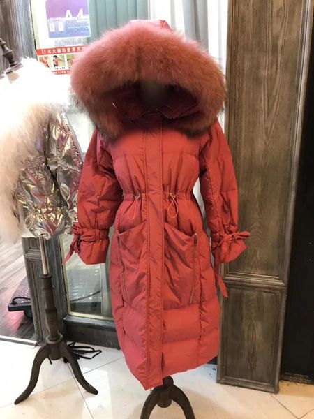 

new arrival big real fur collar hooded white duck down coats female winter zipper stitching pockets thicker long warm down coat, Black