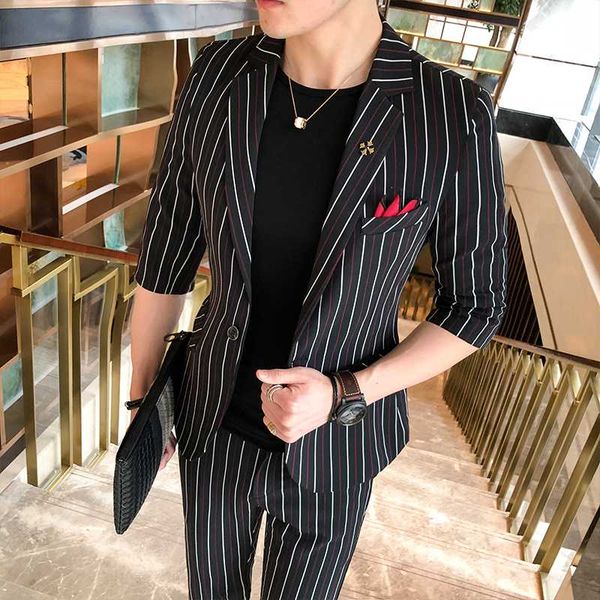 

2020 новый мужской семибалльной рукава костюм костюм моды молодежи корейской версии тонкий полосатой двухсекционный, White;black