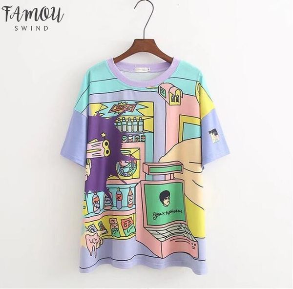 

2020 new fashion women t shirts cartoon print spandex loose turtleneck t shirt female drop shipping good quality, White