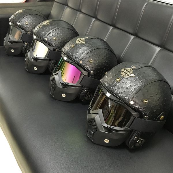 

2020 new motorcycle helmet leather retro chopper helmet black open face 3/4 vitage skull moto motorbike motocross goggle