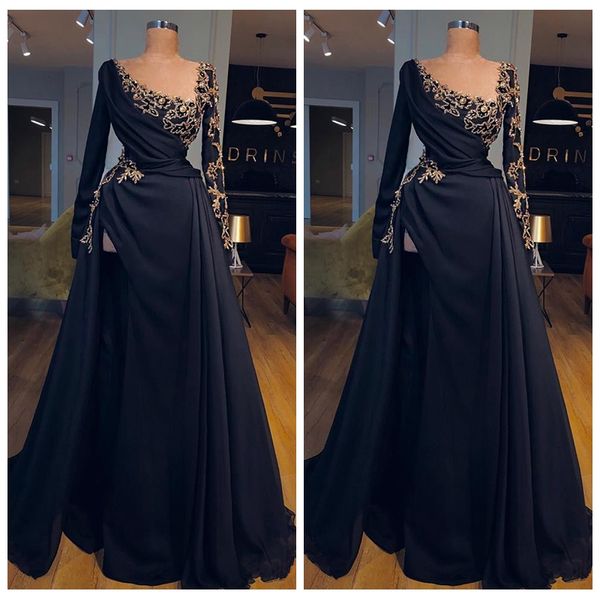 

2023 elegant long sleeves women evening dresses split side with gold embroidery middle east dubai vestidos de soiree customized long, Black;red