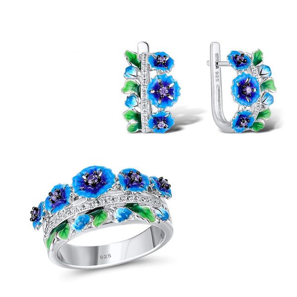 

luxury blue flower jewelry set for women 925 wedding rings ladies girls gifts for friends engagement ring bague, Slivery;golden