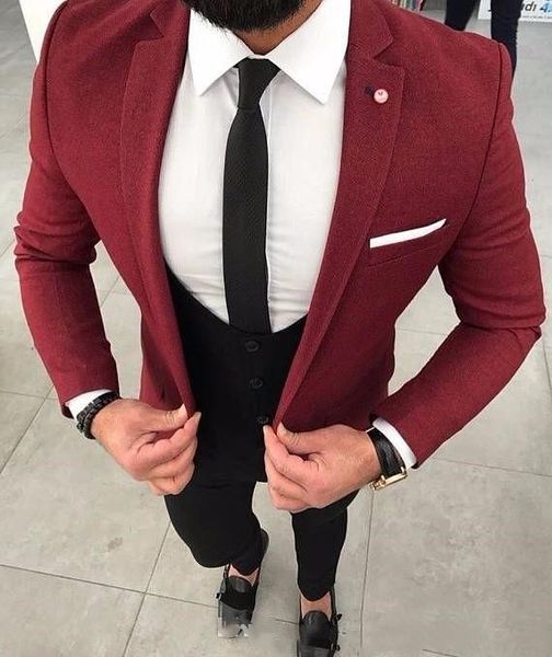 

burgundy wedding tuxedos slim fit suits for men groomsmen suit three pieces prom formal suits (jacket+pants+vest+tie) 085, Black;gray