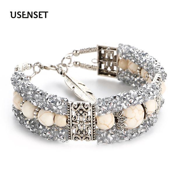 

usenset brand new turquoise beaded bright zircon bracelet retro fashion woman accessories charm jewelry gifts j06, Golden;silver