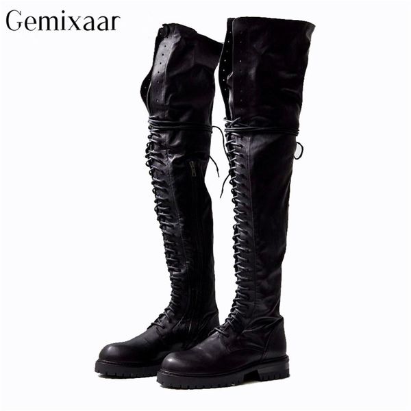 

over knee cross-tied motorcycle boots round toe square low heels botines mujer luxury black cow leather punk style botas women